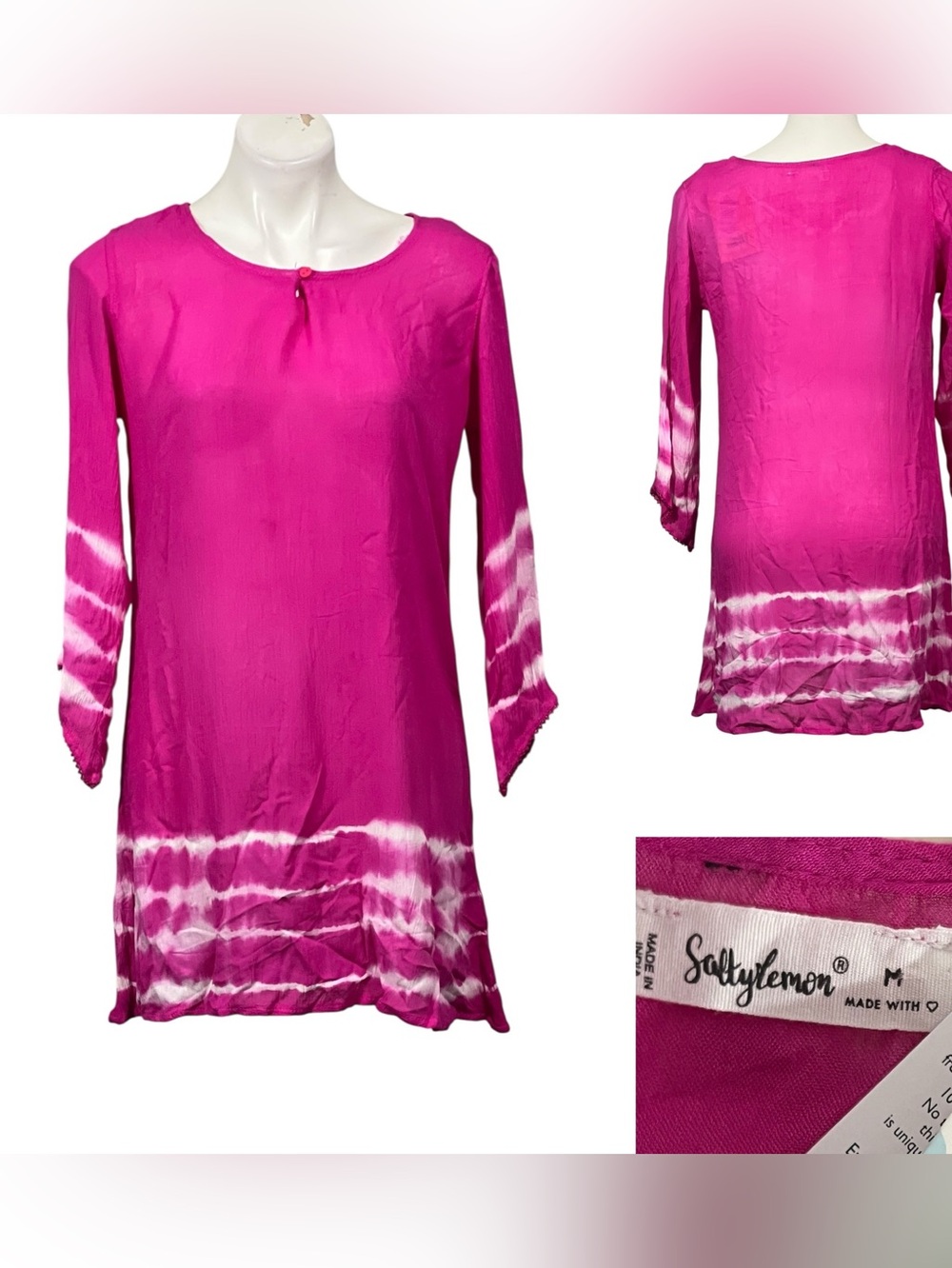 Salty Lemon beach coverup tunic dress sz Med Magenta pink Tie-Dye‎ 3/4 sleeve